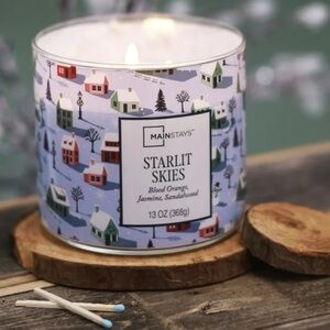 NWT MAINSTAY 3-WICK STARLIT ORANGE JASMINE SADDLEWOOD SCENTED VILLAGE SCENE 13oz